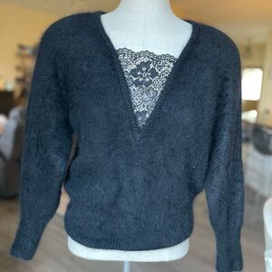 Vintage 80’s rabbit hair angora, wool and nylon Black V-Neck Sweater. Size M.